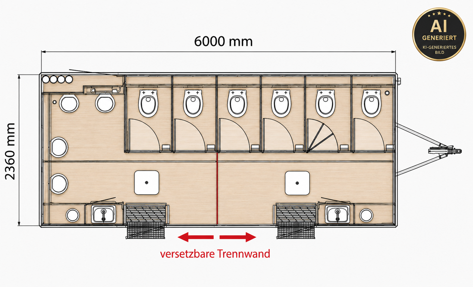 Grundriss großer VIP Toilettenwagen: 6000 x 2360 mm, 6 Kabinen, 2 Waschbecken, versetzbare Trennwand